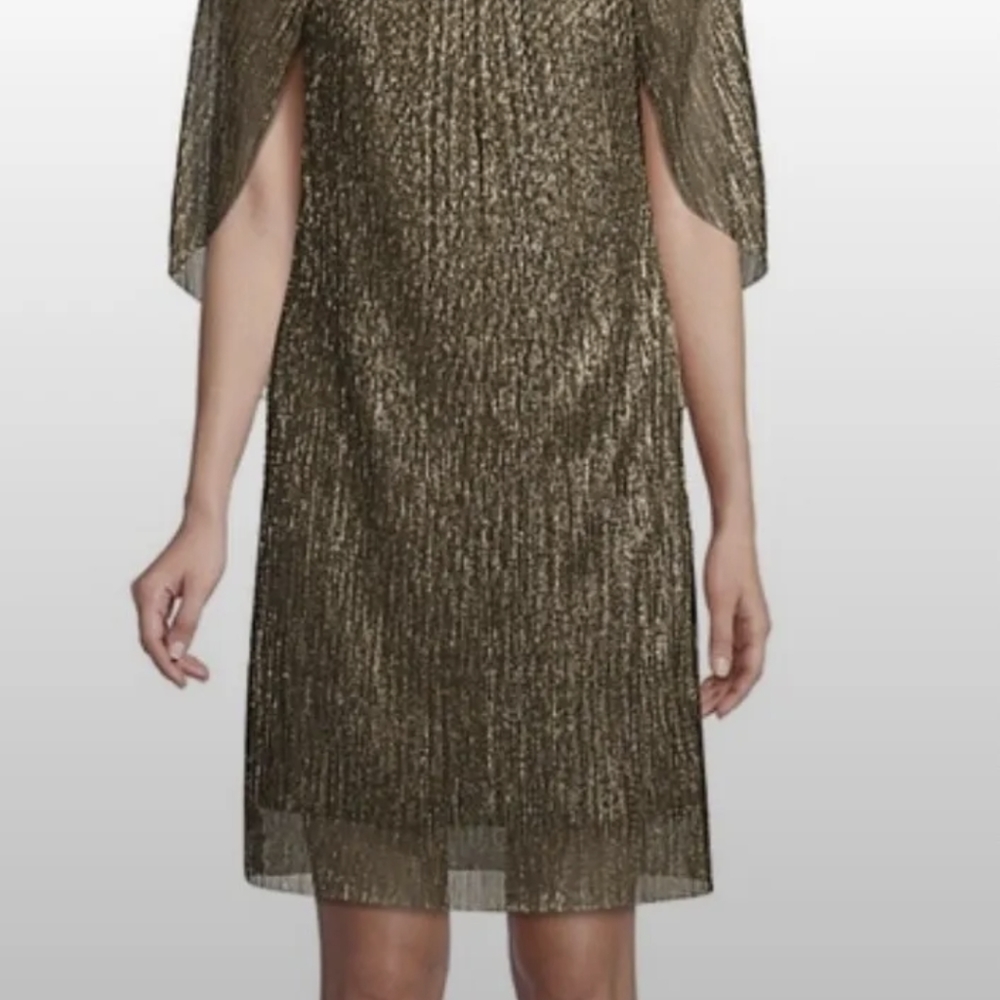 NWT Trina Turk Gold Metallic Cape Cocktail Dress Size 10
